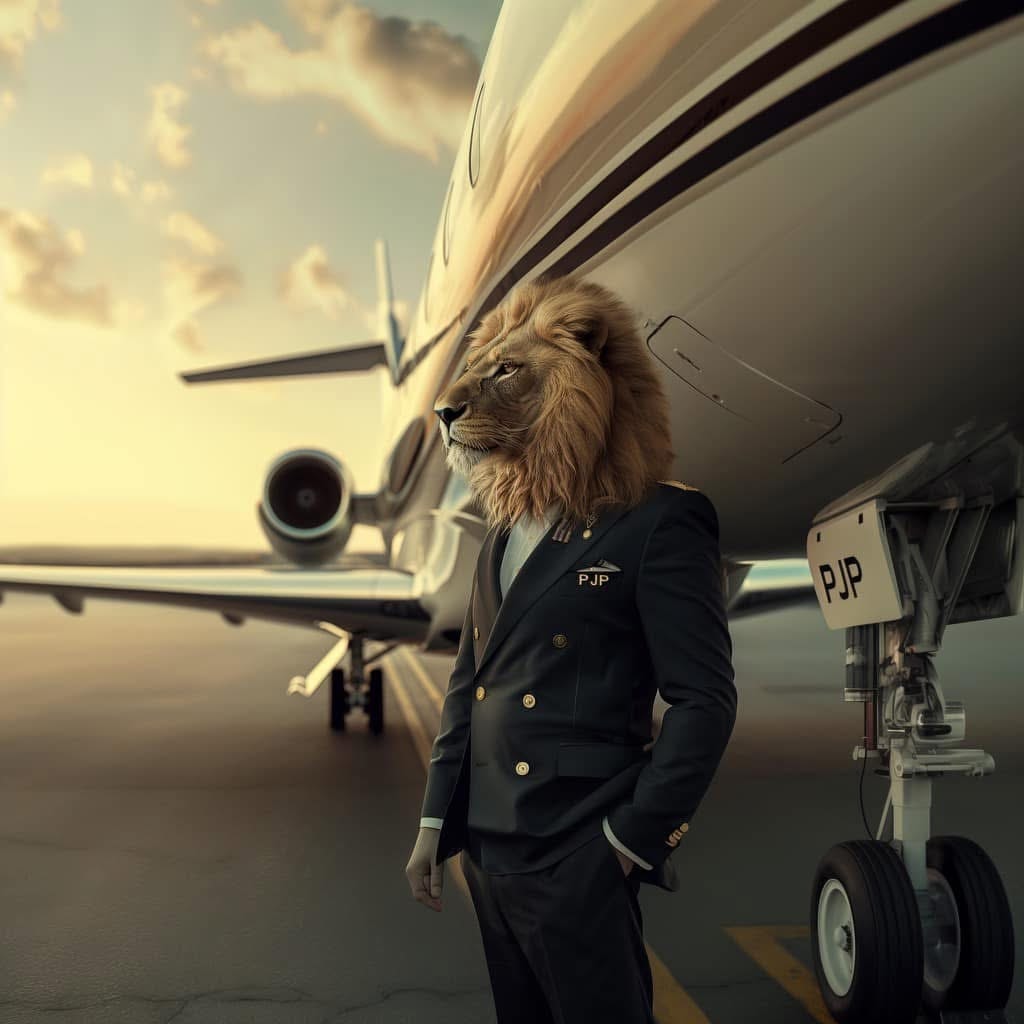 PJP lion pilot mascot beside a private jet
